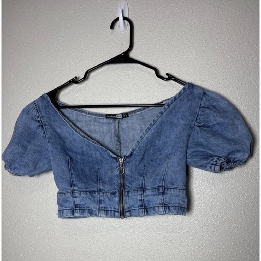 Boohoo Blue Denim Crop Top‎ Puff Sleeve Zip Front Corset Style Medium Wash US 4